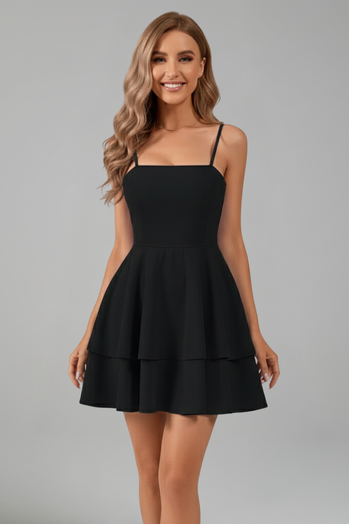 Women's Spaghetti Strap Flared Mini Dress - Summer - Black