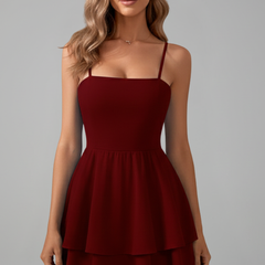 Women's Spaghetti Strap Flared Mini Dress - Summer - Burgundy