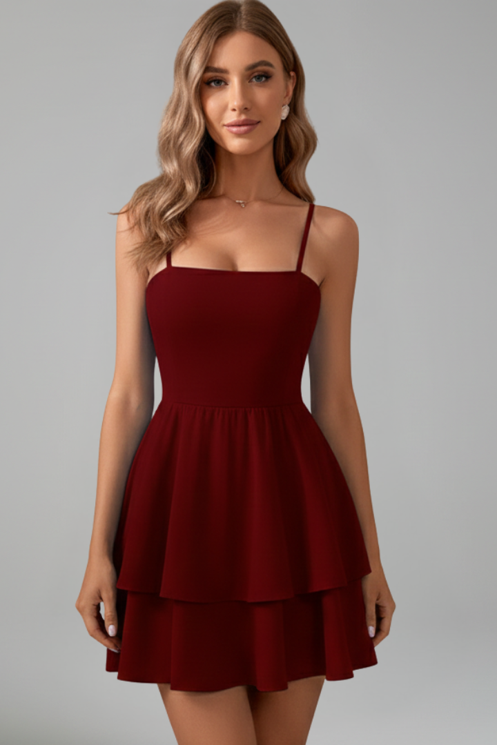 Women's Spaghetti Strap Flared Mini Dress - Summer - Burgundy