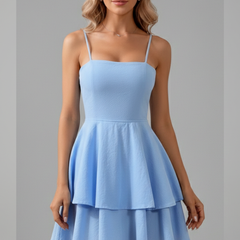 Women's Spaghetti Strap Flared Mini Dress - Summer - Light Blue