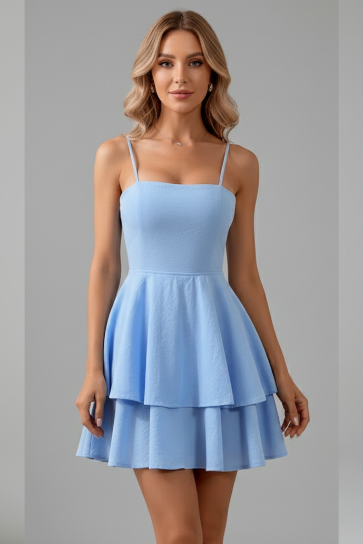 Women's Spaghetti Strap Flared Mini Dress - Summer - Light Blue