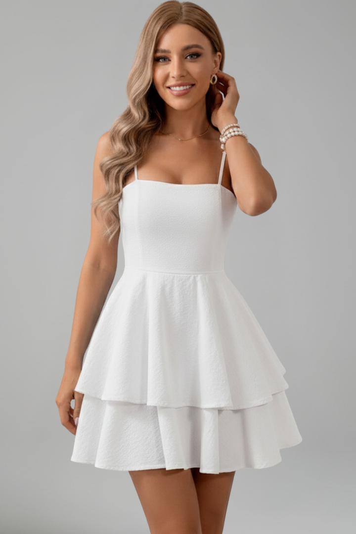 Women's Spaghetti Strap Flared Mini Dress - Summer - White