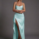 Women's Spaghetti Strap Ruched Bodycon Maxi Dress - Sweetheart Necklin - Mint