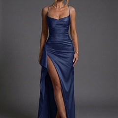 Women's Spaghetti Strap Ruched Bodycon Maxi Dress - Sweetheart Necklin - Navy