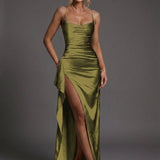 Women's Spaghetti Strap Ruched Bodycon Maxi Dress - Sweetheart Necklin - Olive