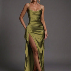 Women's Spaghetti Strap Ruched Bodycon Maxi Dress - Sweetheart Necklin - Olive