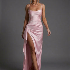 Women's Spaghetti Strap Ruched Bodycon Maxi Dress - Sweetheart Necklin - Pink