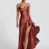 Women's Spaghetti Strap Wedding Guest Dress - Elegant Midi | Summer - Brown