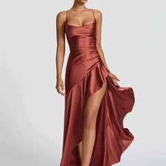 Women's Spaghetti Strap Wedding Guest Dress - Elegant Midi | Summer - Brown