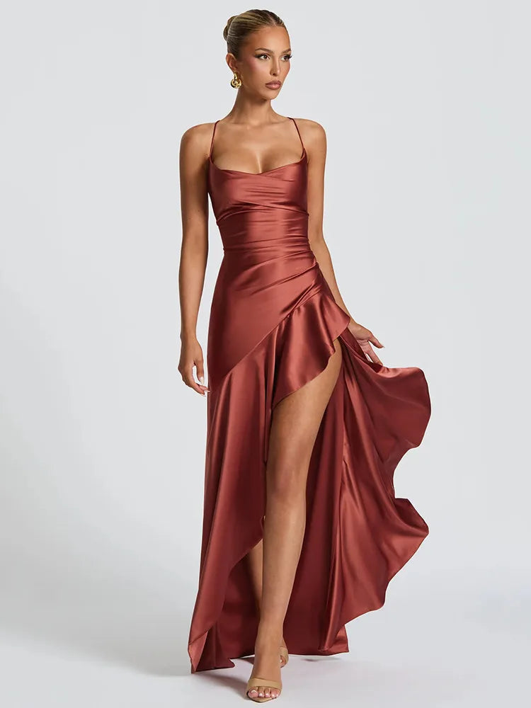 Women's Spaghetti Strap Wedding Guest Dress - Elegant Midi | Summer - Brown
