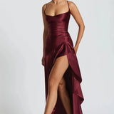 Women's Spaghetti Strap Wedding Guest Dress - Elegant Midi | Summer - Burgundy