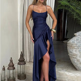 Women's Spaghetti Strap Wedding Guest Dress - Elegant Midi | Summer - Navy