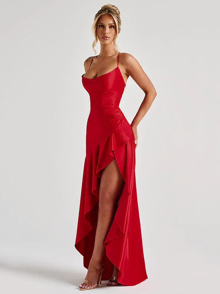 Women's Spaghetti Strap Wedding Guest Dress - Elegant Midi | Summer - Red