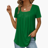 Women's Square-Neck Blouse | Front Pleats | Short Sleeves | Summer - Dark Green