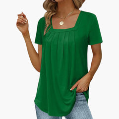 Women's Square-Neck Blouse | Front Pleats | Short Sleeves | Summer - Dark Green