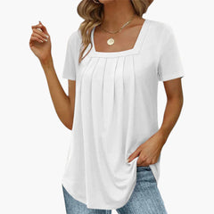Women's Square-Neck Blouse | Front Pleats | Short Sleeves | Summer - White