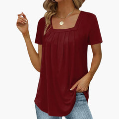 Women's Square-Neck Blouse | Front Pleats | Short Sleeves | Summer - Wine Red