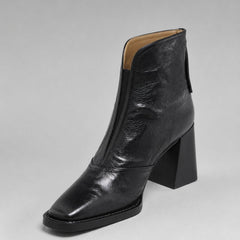 Women's Square-Toe Block-Heel Leather Ankle Boots - Black | Autumn - Black