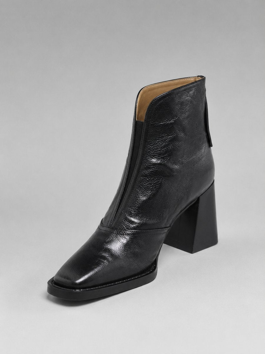 Women's Square-Toe Block-Heel Leather Ankle Boots - Black | Autumn - Black