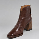 Women's Square-Toe Block-Heel Leather Ankle Boots - Black | Autumn - Brown