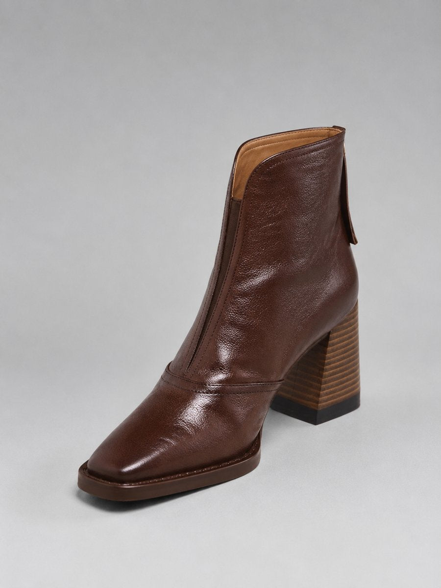 Women's Square-Toe Block-Heel Leather Ankle Boots - Black | Autumn - Brown