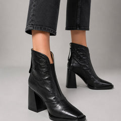 Women's Square-Toe Block-Heel Leather Ankle Boots - Black | Autumn