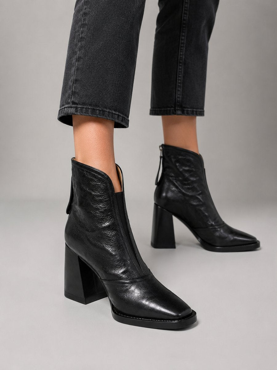 Women's Square-Toe Block-Heel Leather Ankle Boots - Black | Autumn