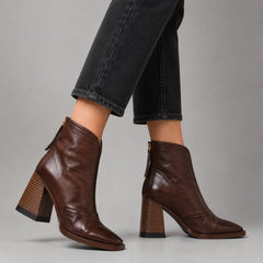 Women's Square-Toe Block-Heel Leather Ankle Boots - Black | Autumn
