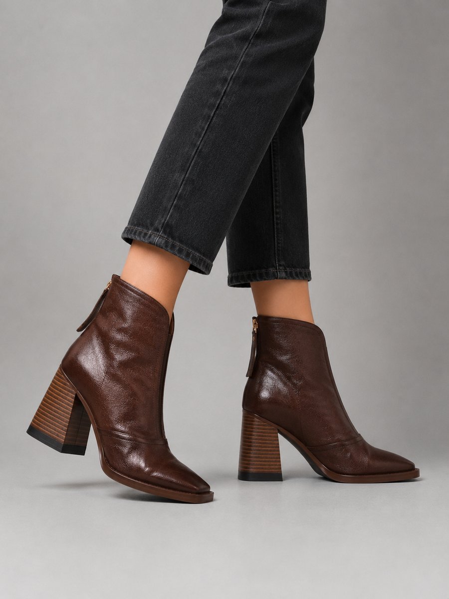 Women's Square-Toe Block-Heel Leather Ankle Boots - Black | Autumn