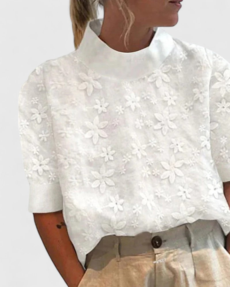 Women's Stand Collar Blouse with Floral Embroidery - Elegant | Spring