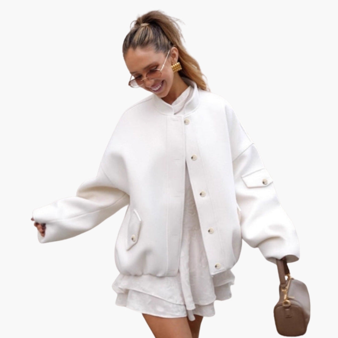 Women's Stand Collar Bomber | Roomy Fit | Spring - White