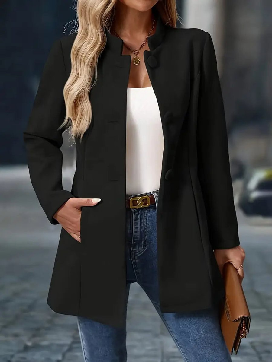 Women's Stand-Collar Longline Blazer Coat - Tailored Fit | Autumn - Black