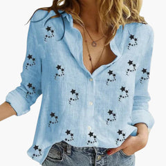 Women's Star-Print Blouse | Pointed Collar | Button-Front | Spring - Blue With Black Star Motif