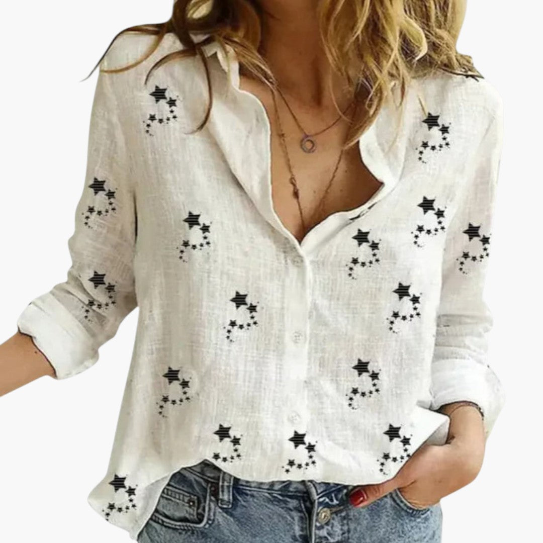 Women's Star-Print Blouse | Pointed Collar | Button-Front | Spring - White With Black Star Motif