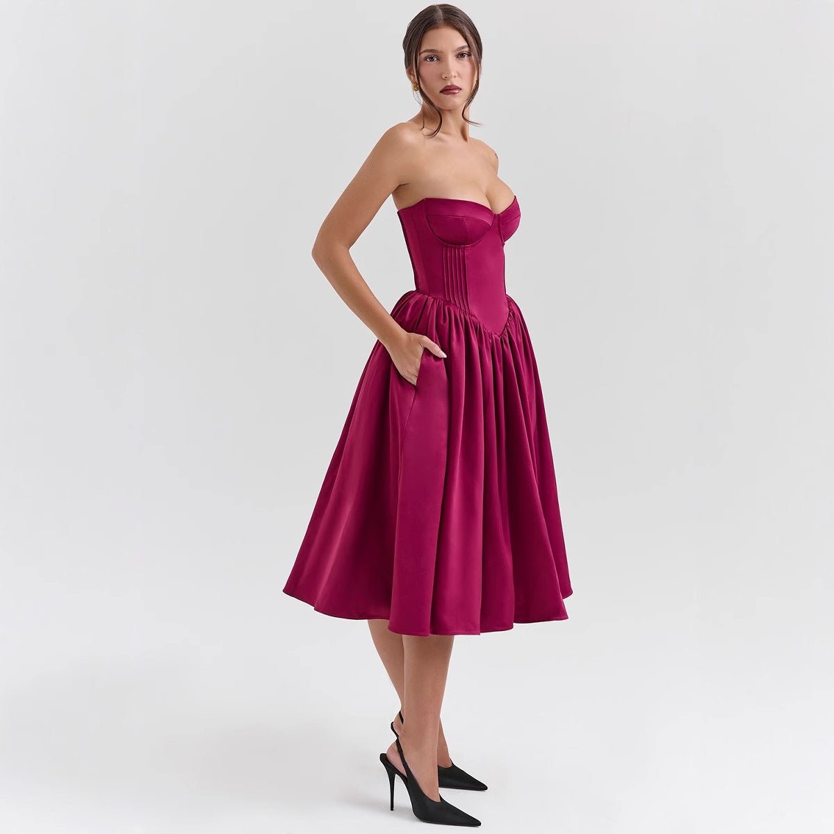 Women's Strapless Corset Midi Dress - Satin Cocktail | Spring - Magenta