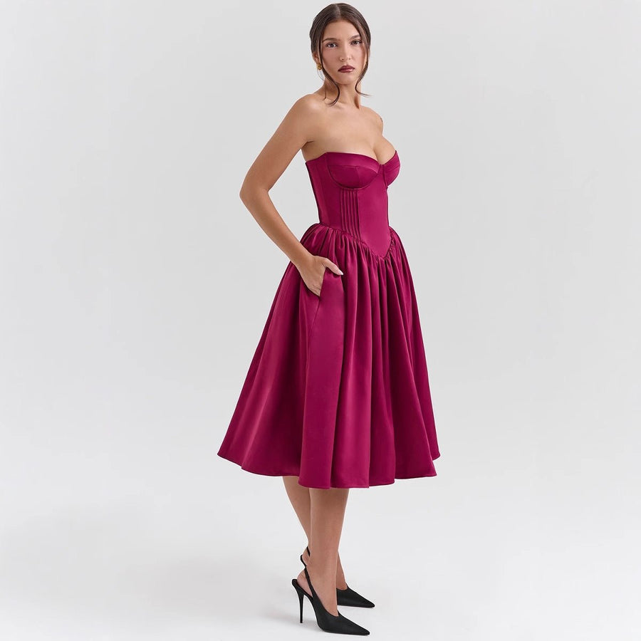 Women's Strapless Corset Midi Dress - Satin Cocktail | Spring - Magenta