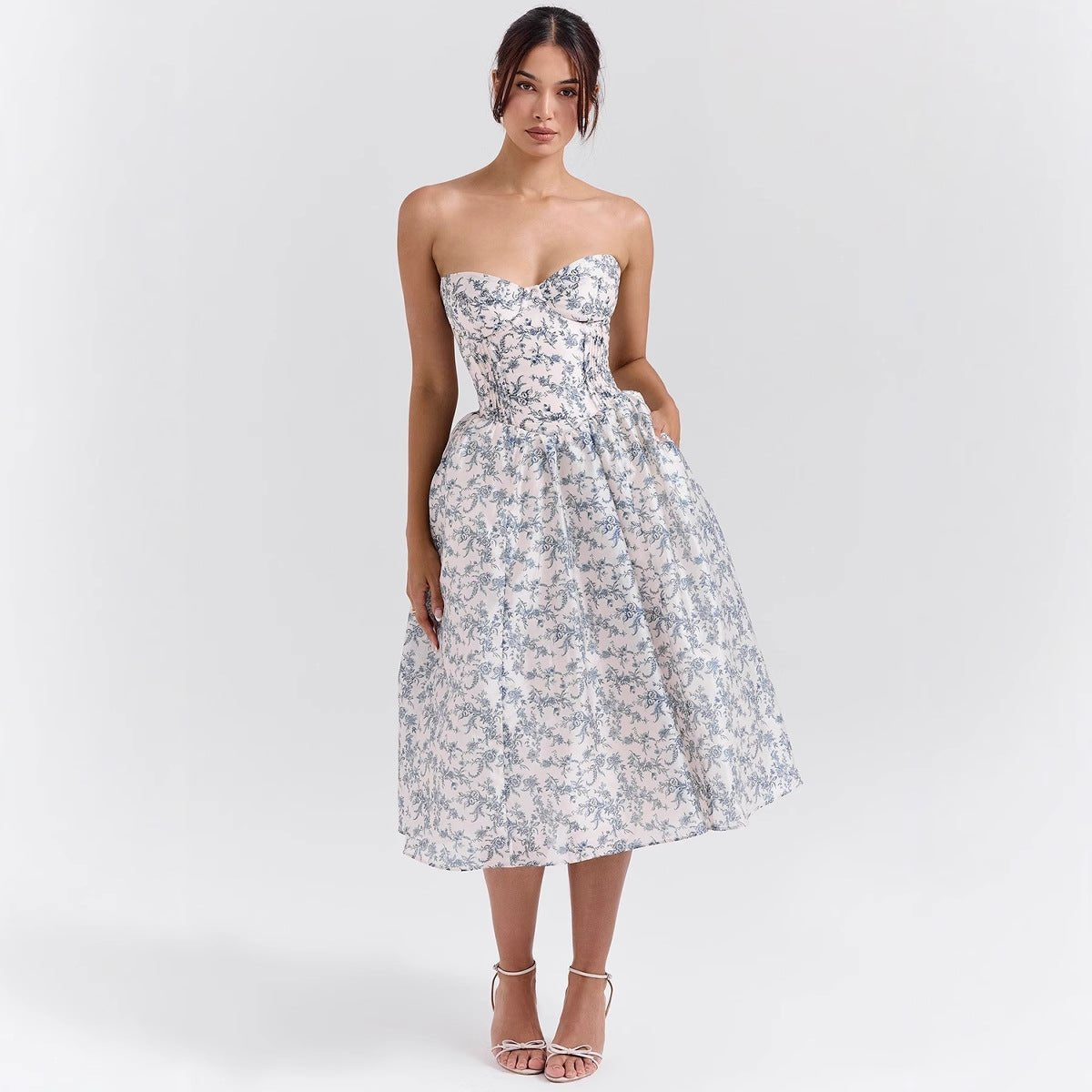 Women's Strapless Corset Midi Dress - Satin Cocktail | Spring - Rose
