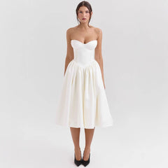 Women's Strapless Corset Midi Dress - Satin Cocktail | Spring - White