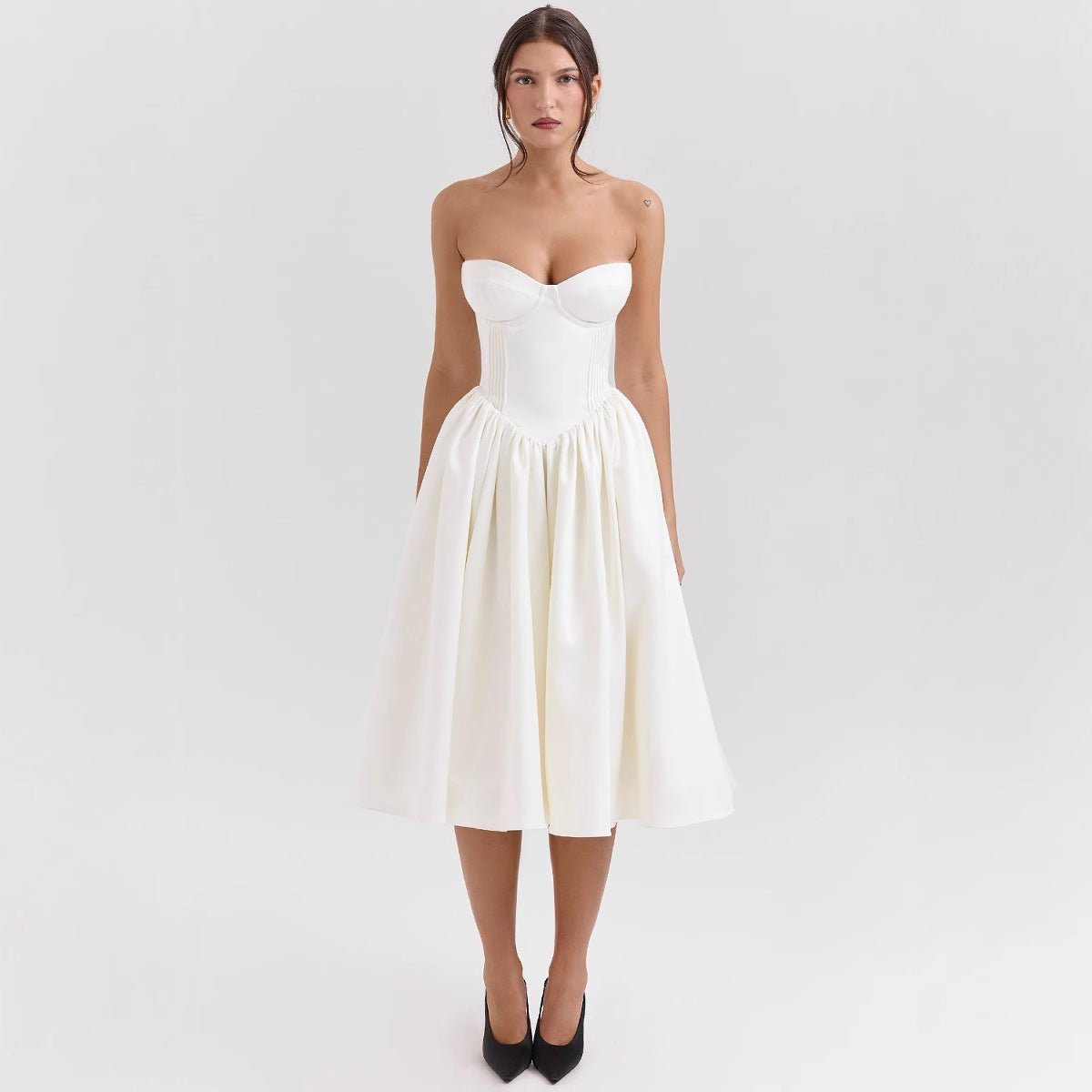 Women's Strapless Corset Midi Dress - Satin Cocktail | Spring - White