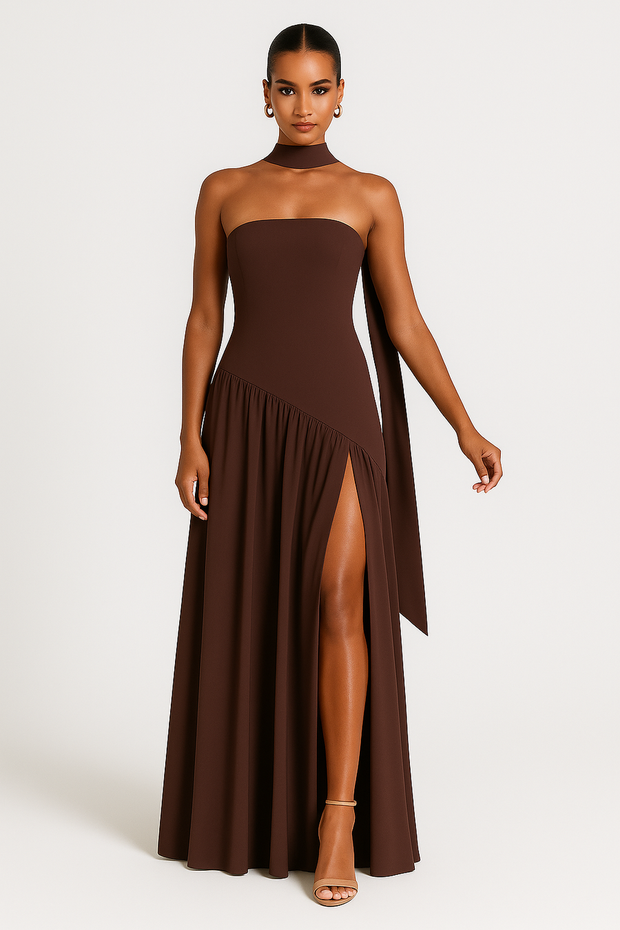 Women's Strapless Dress with High Slit - Elegant Evening Gown | Summer - Brown