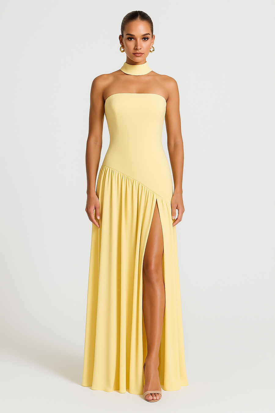 Women's Strapless Dress with High Slit - Elegant Evening Gown | Summer - Yellow