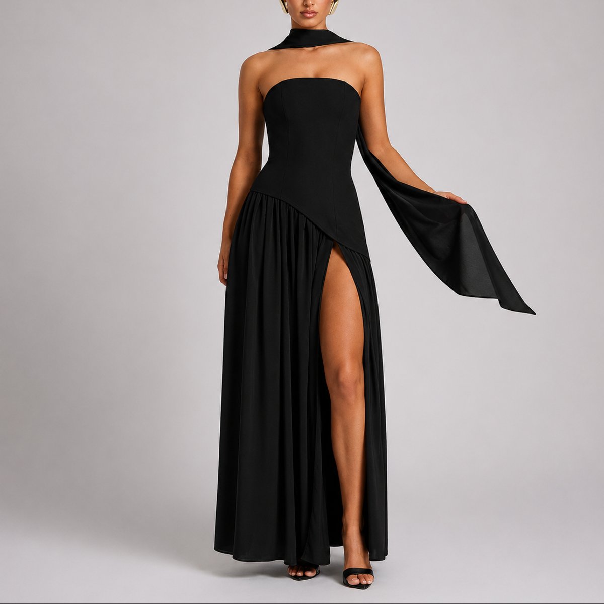 Women's Strapless Open-Back Maxi Dress - Scarf-Neck Wedding Guest - Black