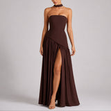 Women's Strapless Open-Back Maxi Dress - Scarf-Neck Wedding Guest - Brown