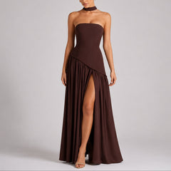 Women's Strapless Open-Back Maxi Dress - Scarf-Neck Wedding Guest - Brown