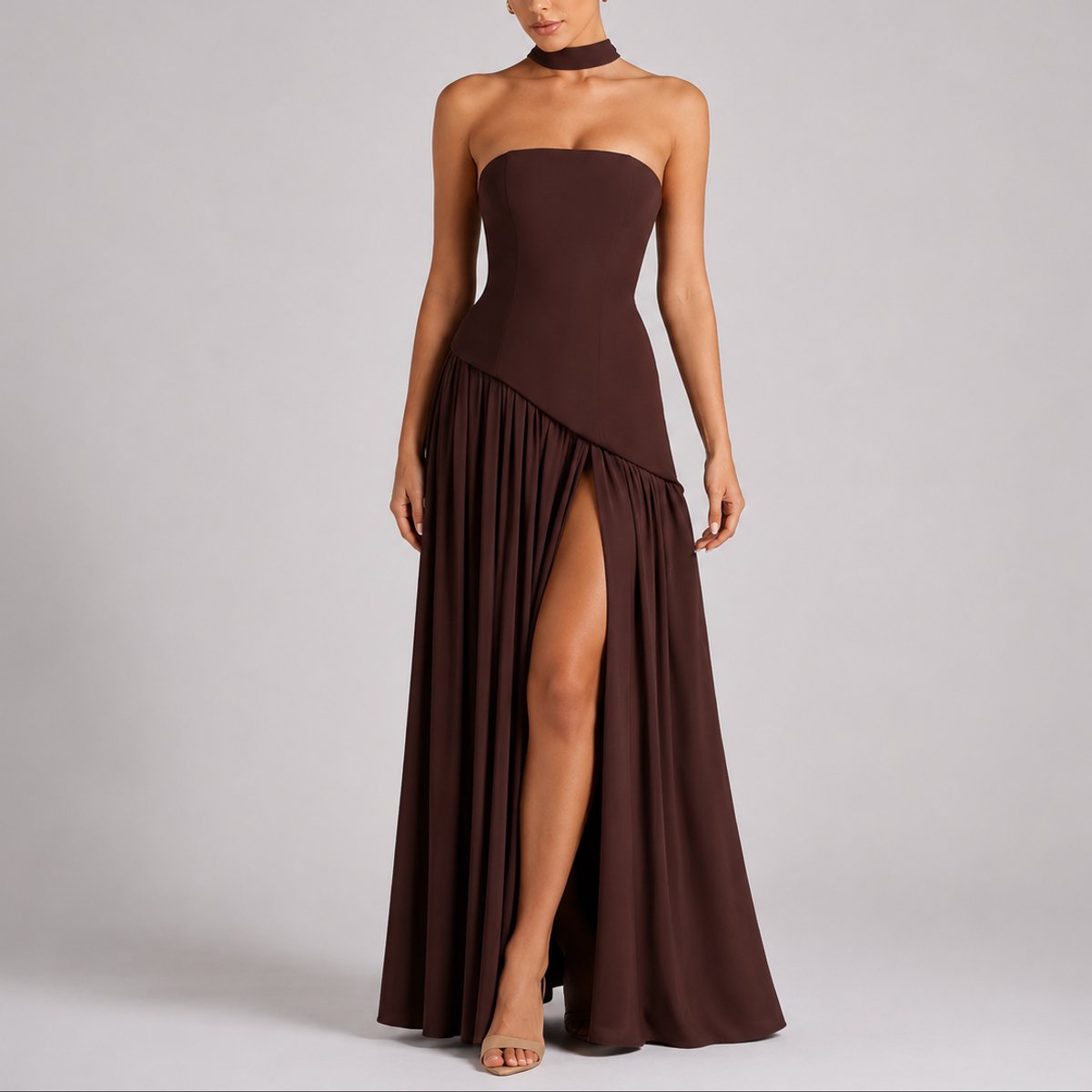 Women's Strapless Open-Back Maxi Dress - Scarf-Neck Wedding Guest - Brown