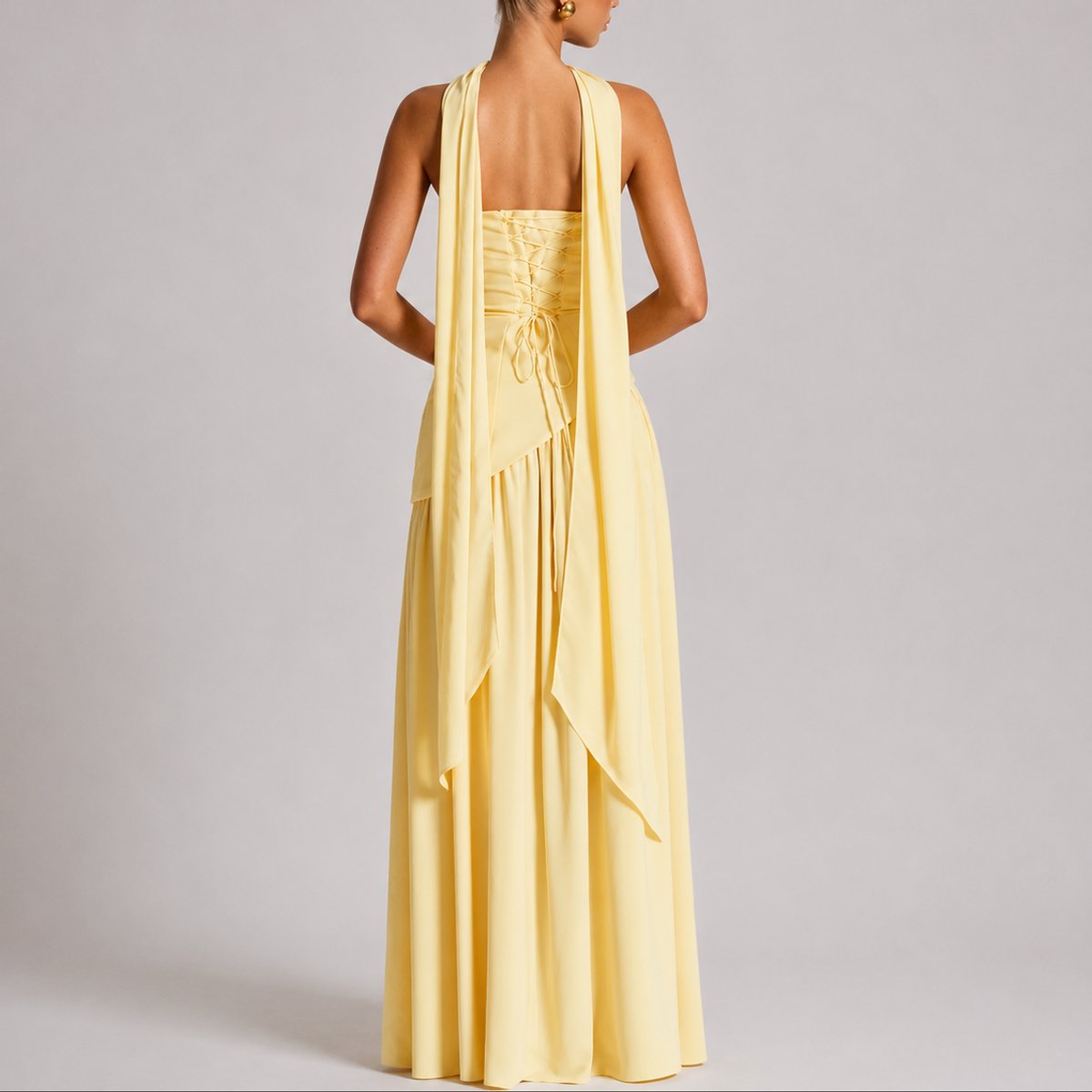Women's Strapless Open-Back Maxi Dress - Scarf-Neck Wedding Guest