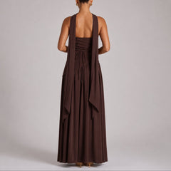 Women's Strapless Open-Back Maxi Dress - Scarf-Neck Wedding Guest