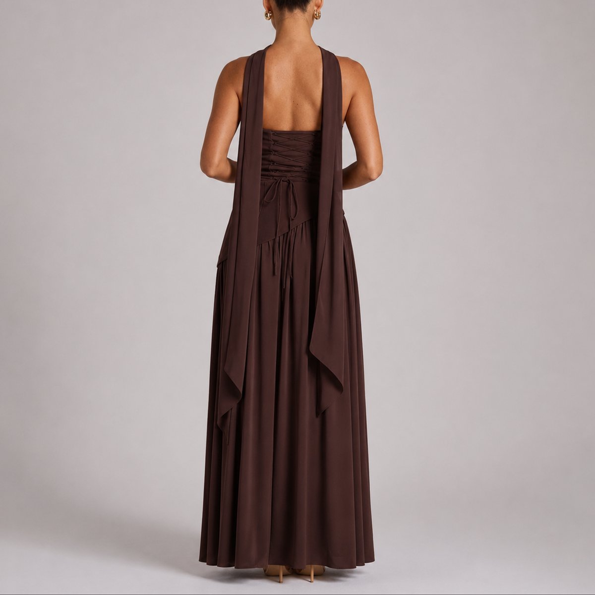 Women's Strapless Open-Back Maxi Dress - Scarf-Neck Wedding Guest