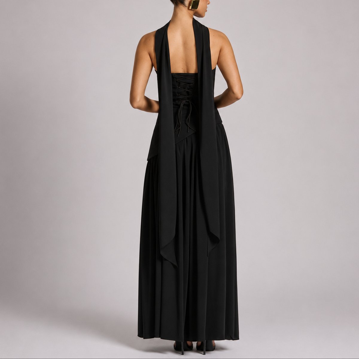 Women's Strapless Open-Back Maxi Dress - Scarf-Neck Wedding Guest