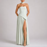 Women's Strapless Open-Back Maxi Dress - Scarf-Neck Wedding Guest - Light Green